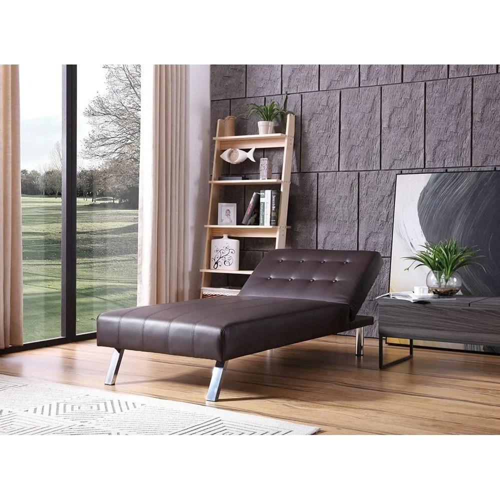 Convertible Chaise Lounge Adjustable Futon Sleeper Faux Leather Button Tufted Back Modern Design with Lumbar Support Pillow