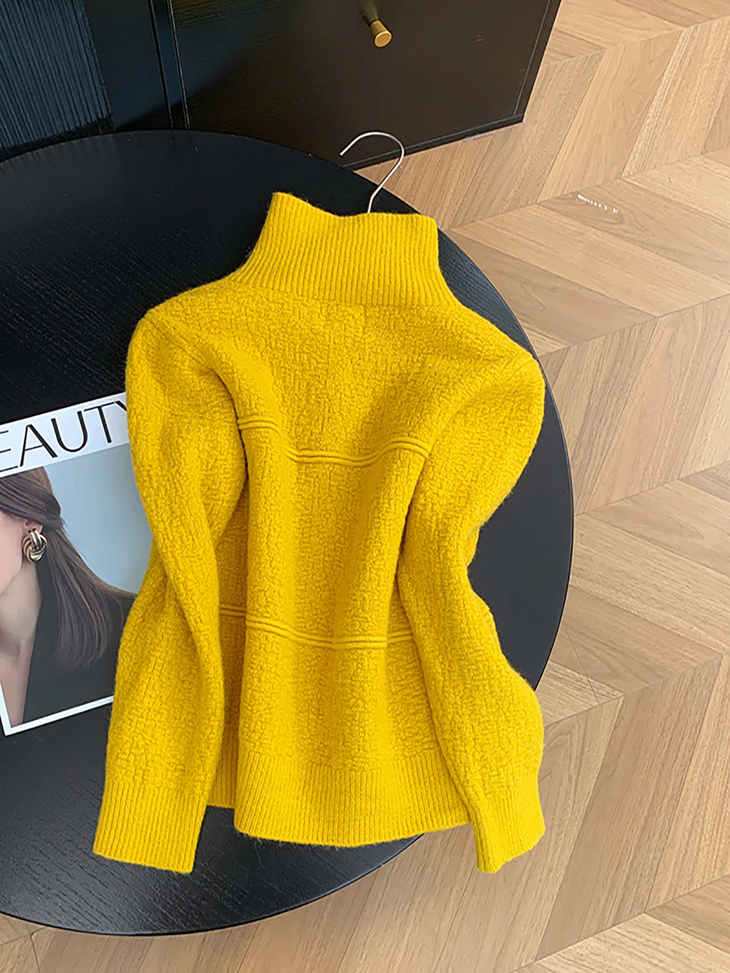 أزياء بسيطة الياقة المدورة واحدة الصدر سترة مشغولة من الصوف المرأة كسول نمط فضفاض عارضة طويلة الأكمام سترة معطف الإناث قمم