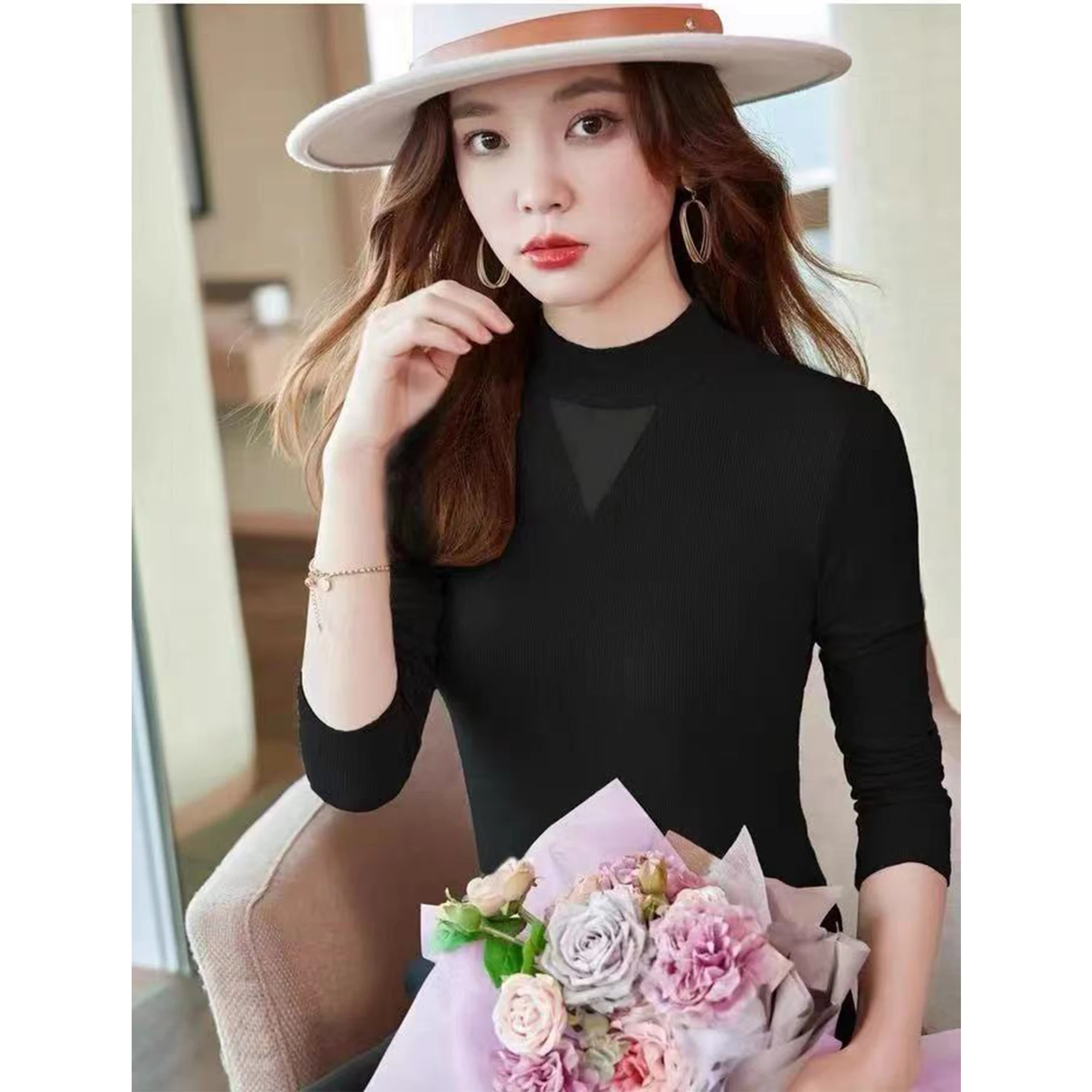 2024년 가을 다용도 롱 슬림핏 베이스 티셔츠 후드 이너웨어 폴리에스터 섬유 여성 패션 티셔츠