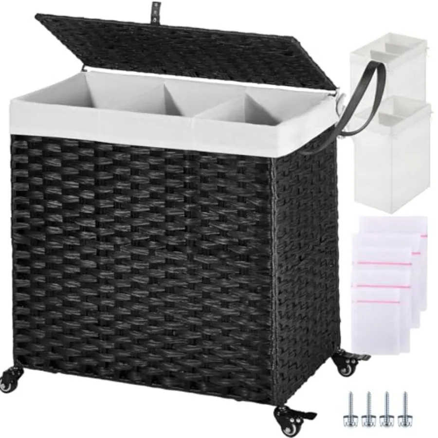 

Large 130L Laundry Hamper with Wheels and Lid Featuring 3 Separate Compartments Includes 2 Removable Liner Bags and 5 Mesh Laun
