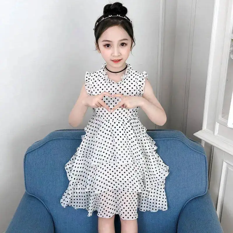 2022 Sleeveless mesh lace Toddler Girl Summer Clothes polka Dot Pleated Dresses Casual Princess  Party for Kids 6 8 9 10 11 year