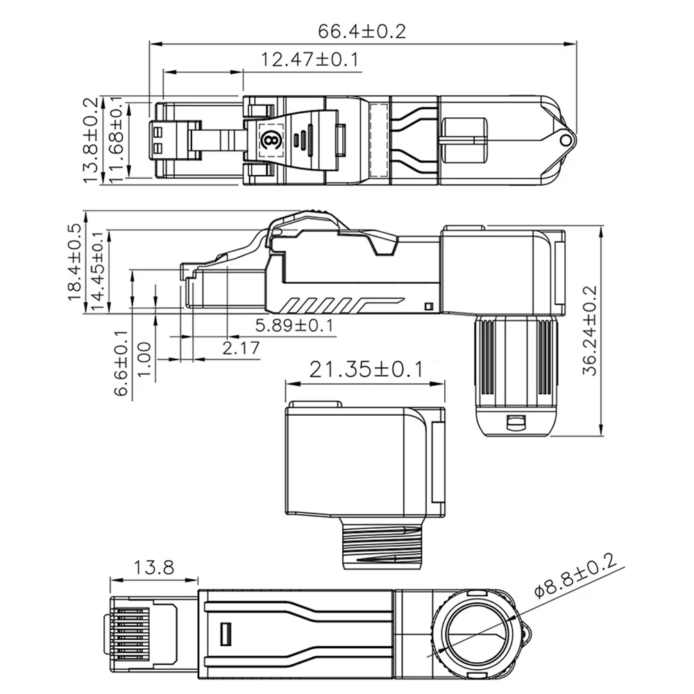 T23C RJ45 Full Shielded Zinc-Alloy Field Plug 90 Degree Angled CAT8 STP Field Termination Connector Toolless Type