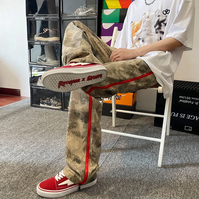 

Fashion Red Zipper Casual Camouflage Pants Men Autumn New Streetwear Loose Straight Mopping Pant Mens Patchwork Trousers