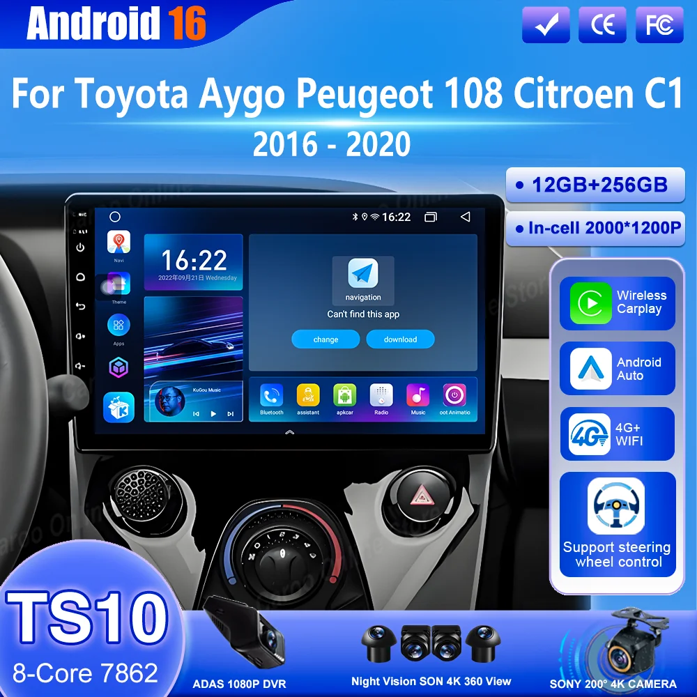 

Автомагнитола Android 16 для Toyota Aygo, Peugeot 108, Citroen C1 2016-2020, мультимедийный проигрыватель, стерео, Carplay, без 2DIN DVD, 5G, BT
