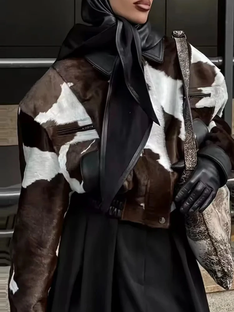 

Women New Fashion Women's Cow Print Jacket Lapel Collar Short Length Zipper Button Coats Female Trendy Warm Outerwear