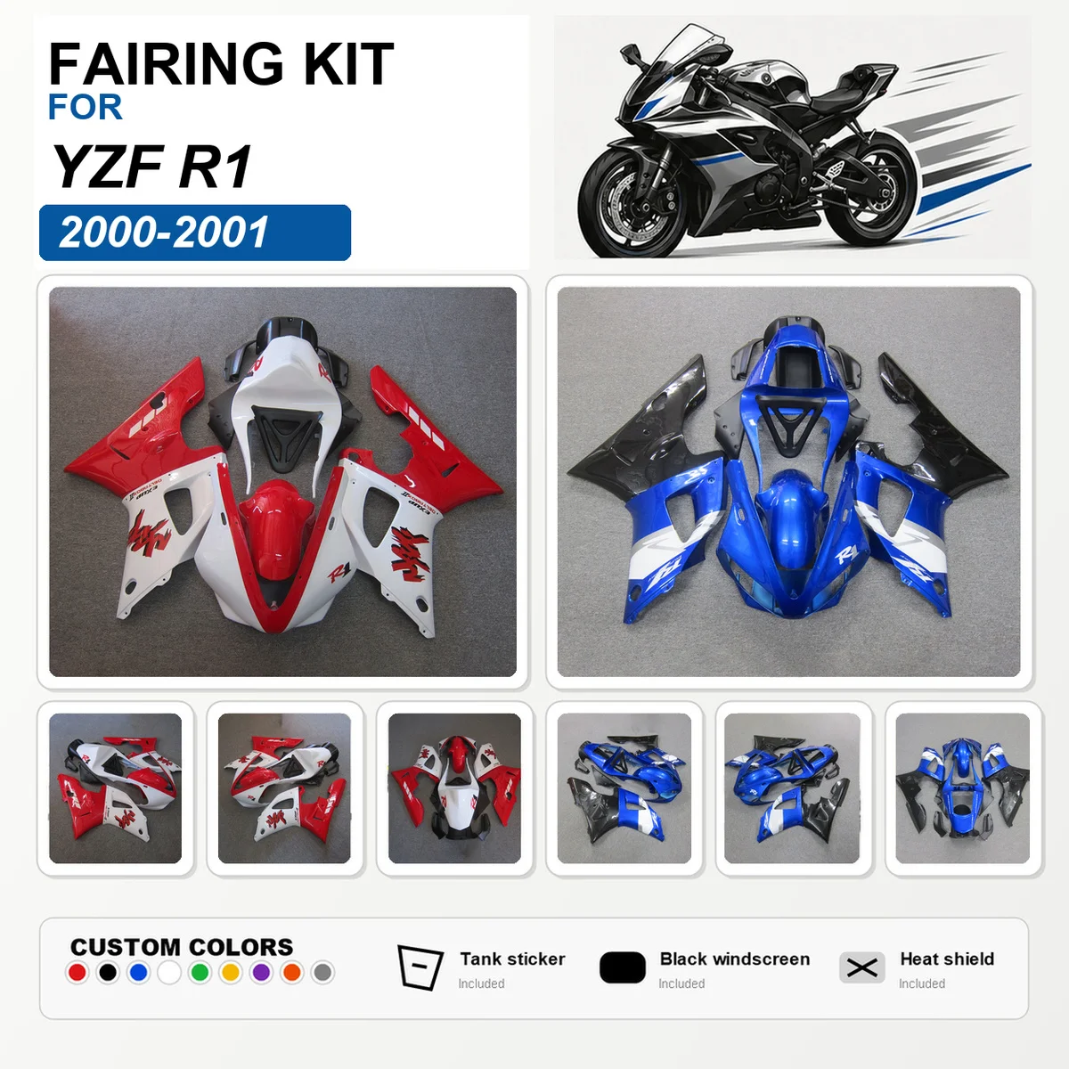 For YZF R1 2000 2001 Sportbike Fairing Kit Injection Molded ABS Custom Painted Fairings Bodywork Cowling Red White Blue