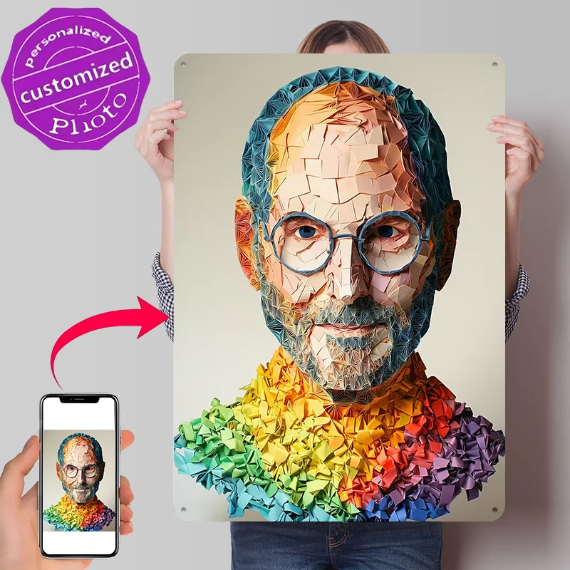 Steve Jobs Paper Art 3D Texture Metal Poster Customized Wall Art Tin Sign Gift for Mancave Decoration Room Decorating Interior