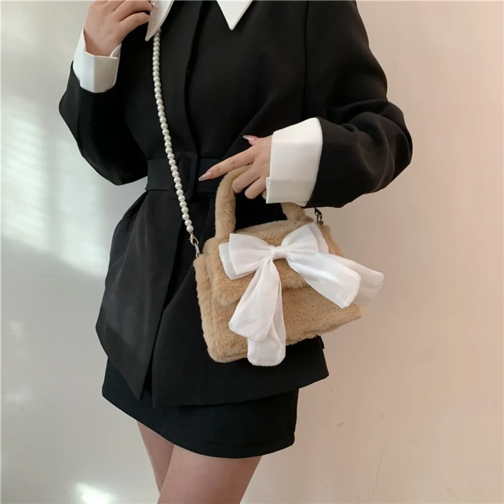 

Cute Pearl Chain Bowknot Plush Crossbody Bag Fluffy Lolita Plush Shoulder Bag Square Japanese Bowknot Plush Handbag Daily