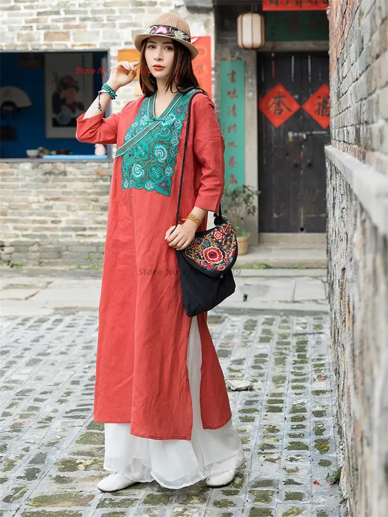 2023 oriental vintage dress chinese traditional v-neck dress national flower embroidery cotton linen dress ethnic folk dress