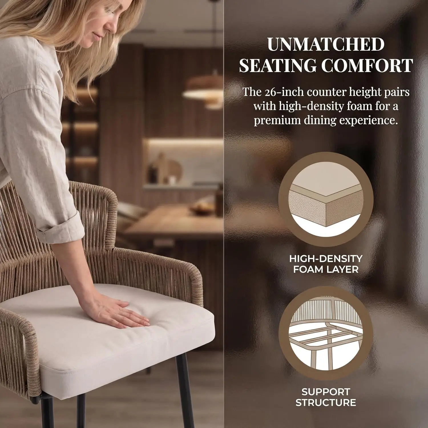 Farmhouse Woven Bar Stools Set of 4, 26 Inch Linen Upholstered Rattan Barstools with Curved Backs, Modern Cane, Customized