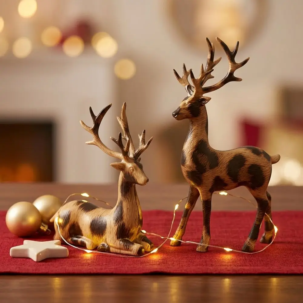 1 Pair Vintage Christmas Deer Figurine Sitting/Standing Position Plastic Small Deer Ornament Realistic 3D Crafts Deer Sculpture