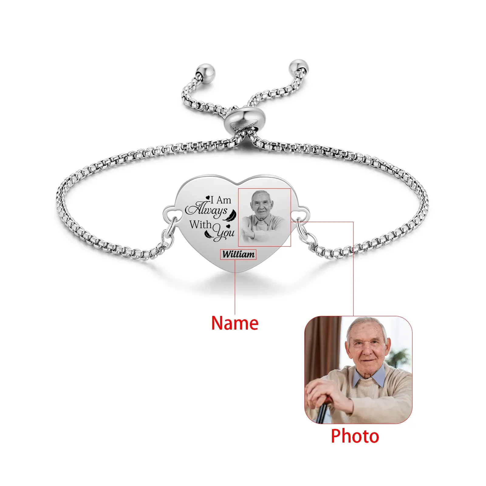 Custom Photo Heart Bracelet Engraved Name Adjustable Sliding Knot Stainless Steel Laser Etched Memorial Jewelry Gift for Her