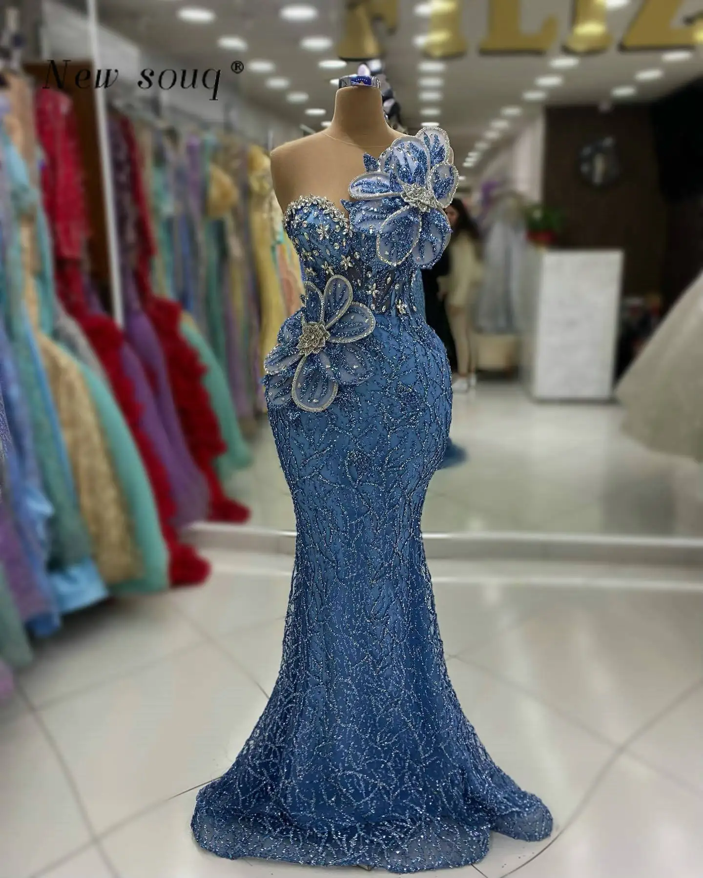 Sparkle Long Blue Mermaid Sequins Evening Party Dresses 2024 Fashion 5D Flowers Crystals Formal Night Prom Gowns for Women