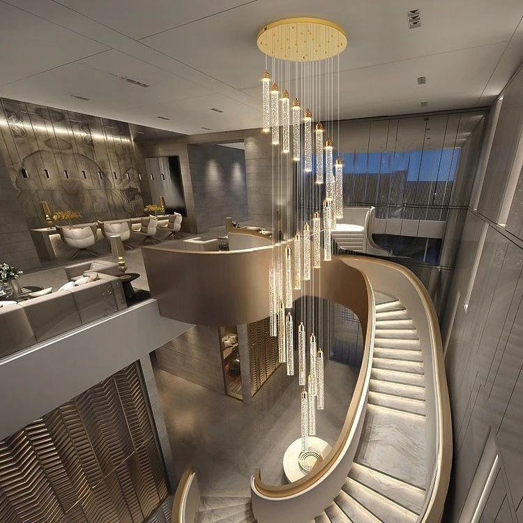Light luxury crystal, stair chandelier, duplex floor rotating simple one-word crystal