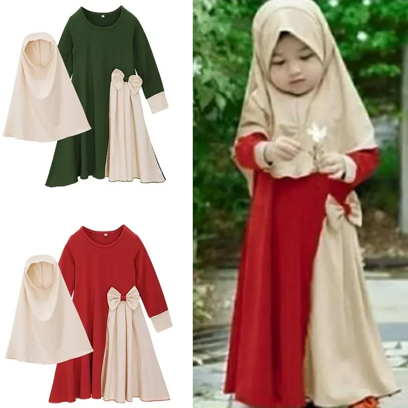 2 Pieces Muslim Children Girls Prayer Dress Hijab Abaya Ramadan Sets Arab Kids Robes Headscarf Long Maxi Robe Islam Kaftan Gown