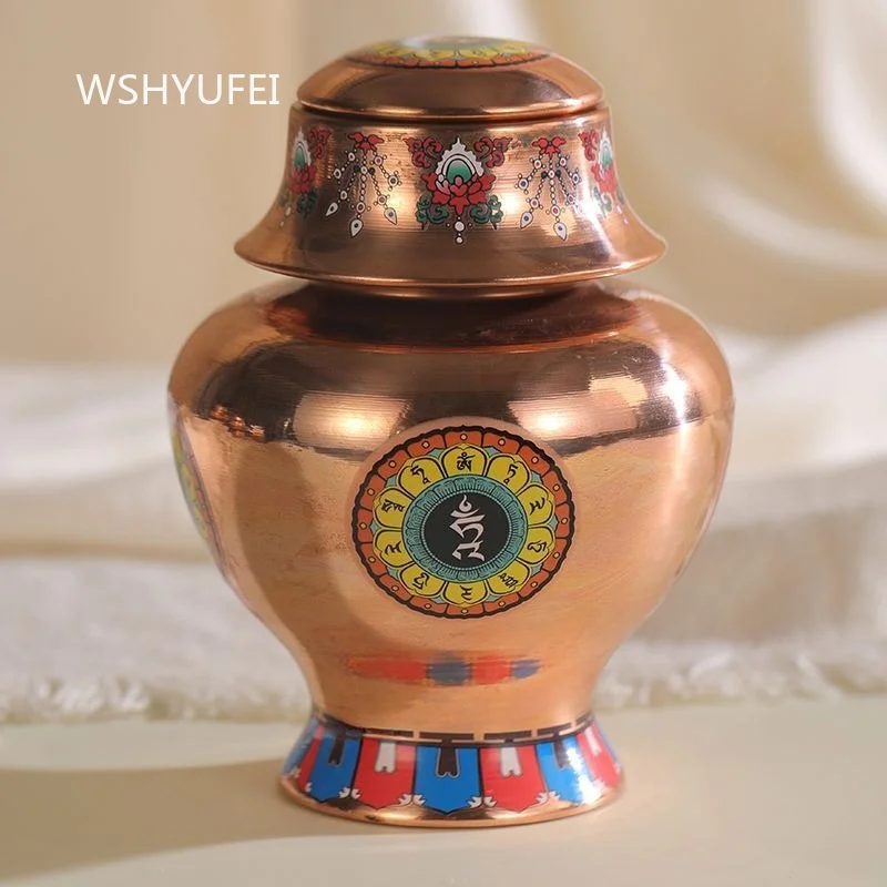 Red Copper Tibetan Treasure Vase with Eight Auspicious Pattern Painting Buddhist Altar Offering Decor Ornament Home Worship