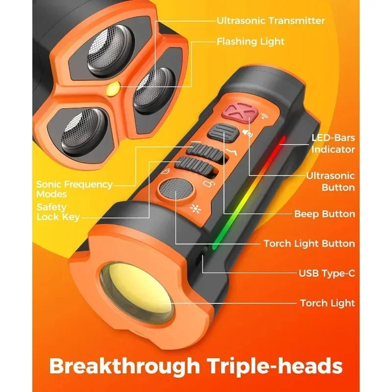 New 3 Ultrasonic Transmitter Dog Repeller, Dog Training Device, Rechargeable Bark Anti Deterrent Device with LED Flashlight