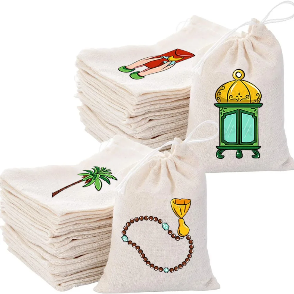 Moon Mosque Pattern Linen Drawstring Bags New Eid Mubarak Islam Eid Pouches Candy Moslem Gift Packaging