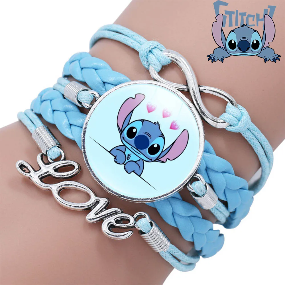 Disney Stitch Cartoon Leather Bracelet Blue Classic Braided Rope Chain Handmade Bracelets for Kids Jewelry Adjustable Bracelet