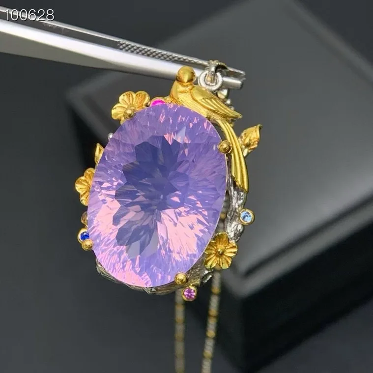 

Natural Purple Quartz Pendant 18x25mm 925 Silver Two-tone Plated Bird & Flower "Spring Dawn" Handcrafted Pendant (no Chain)
