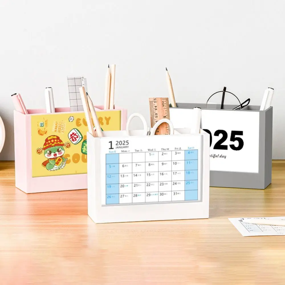 

2025 Desk Calendar Organizers Multi-Function Creative Makeup Brush Holder Reusable Desk Calendar Desktop Stationery Organizer