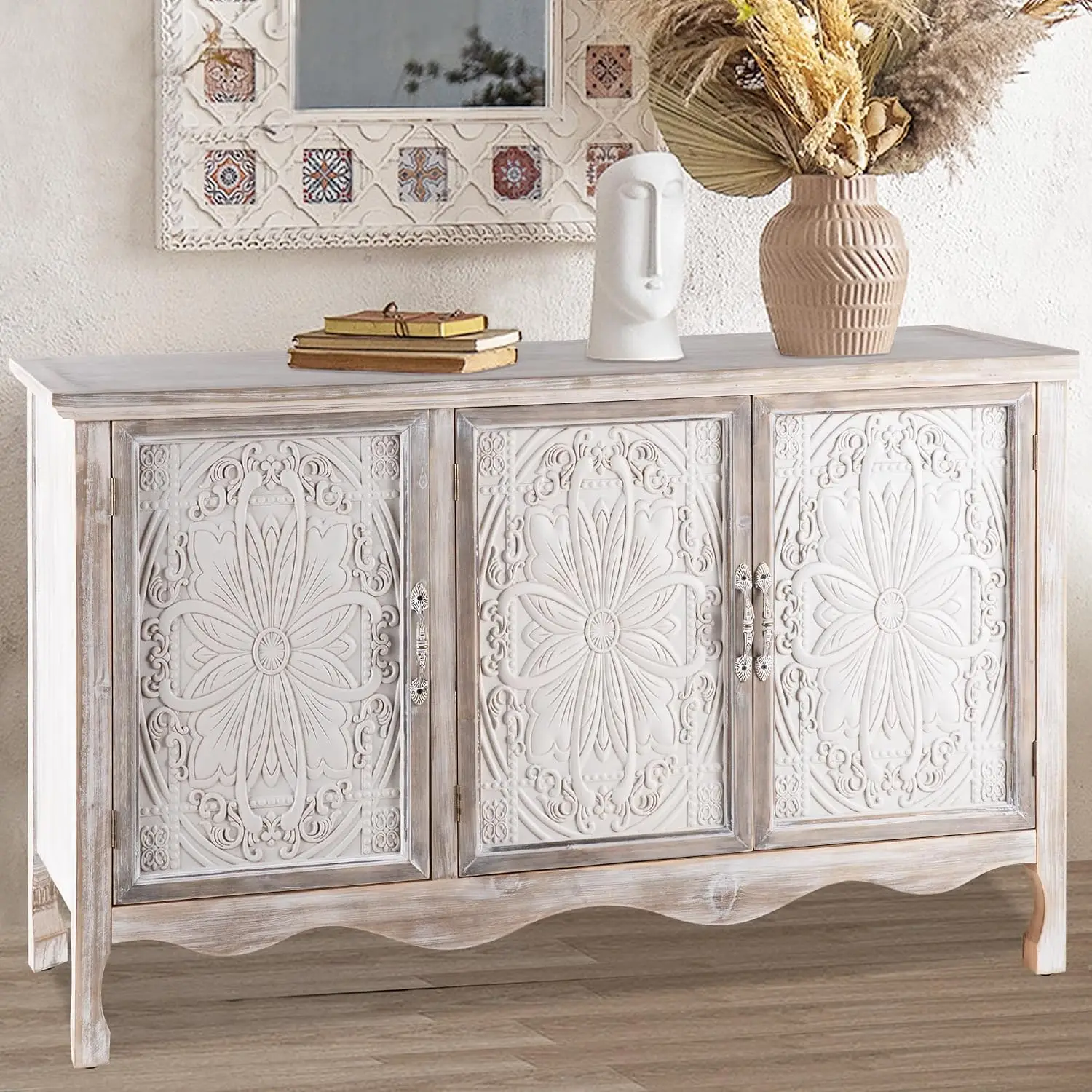 Rustic Storage Cabinet 3 Carved Doors Shelves, Vintage Sideboard For Kitchen Dining Living Bedroom, Wash Grey, Customized