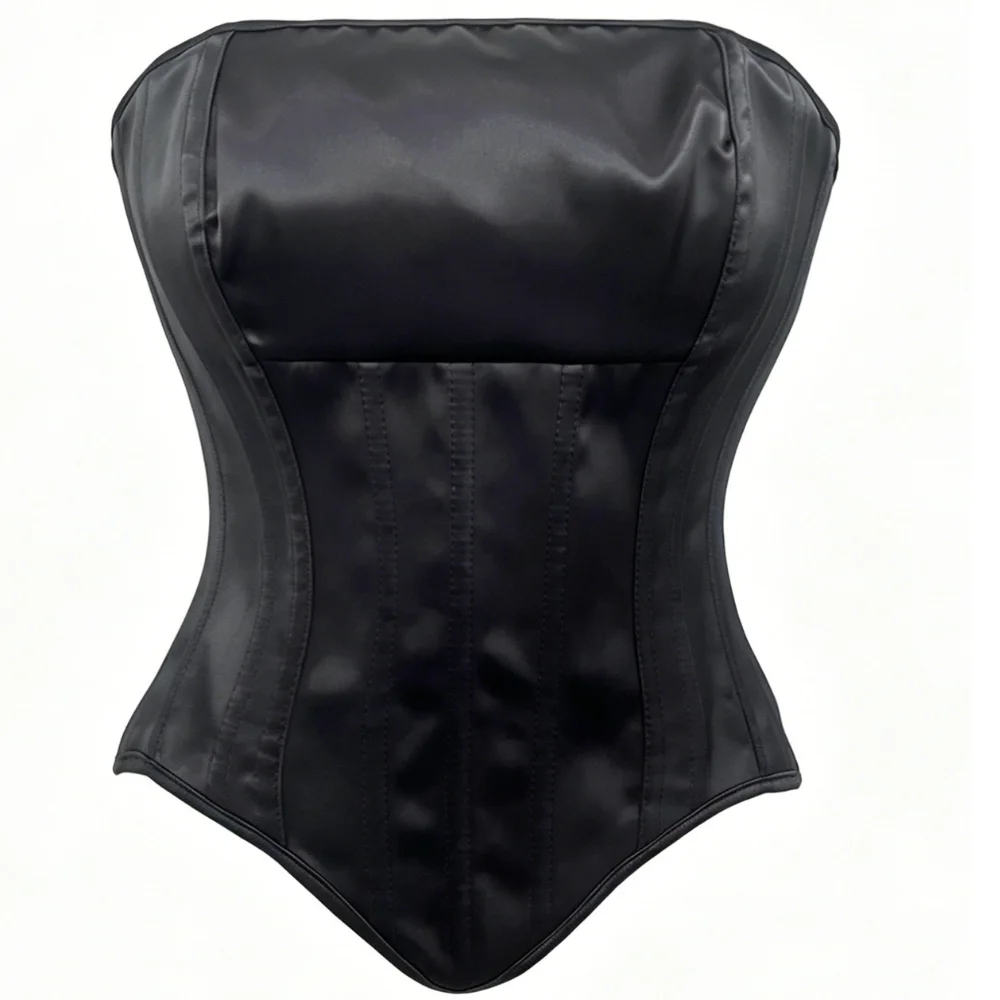 Vintage Sexy Black Satin Corset Top Strapless Bustier Back Ribbon Lace Up Club Evening Wear Waist Cinching Body Shaping