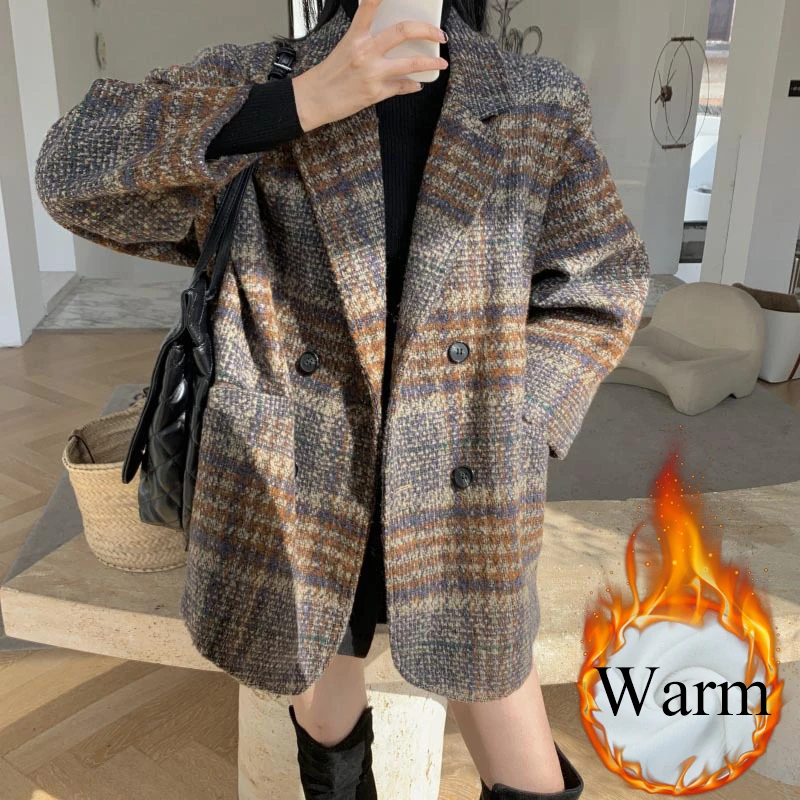 Women Tweed Plaid Winter Blazer Cotton Padded Casual Middle Long Coats Offlce Lady Vintage Double Breasted Thicken Work Outwear