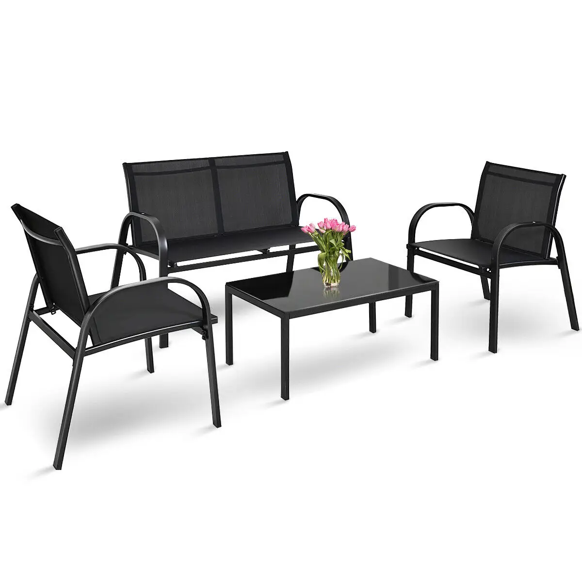 

4pcs Patio Furniture Set Sofa Coffee Table Steel Frame Garden Deck Black