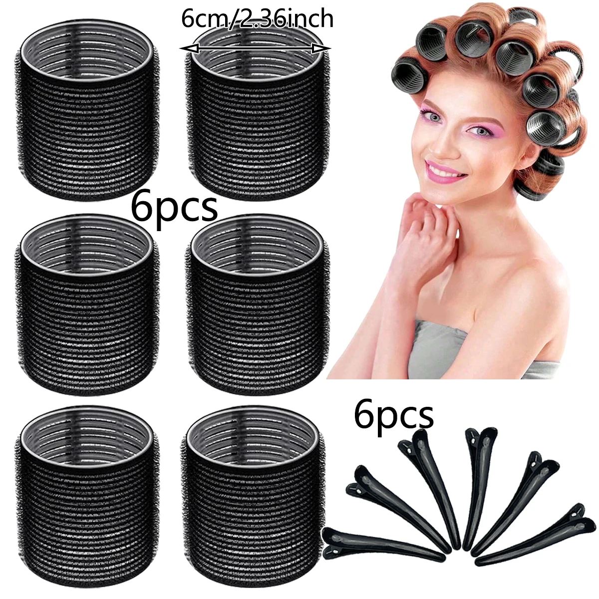 12Pcs/Set Hair Curling Tools, including 6Pcs 2.36 Inch Large Wave Hair Curlers and 6Pcs Matching Hair Clips. Self-grip design, e