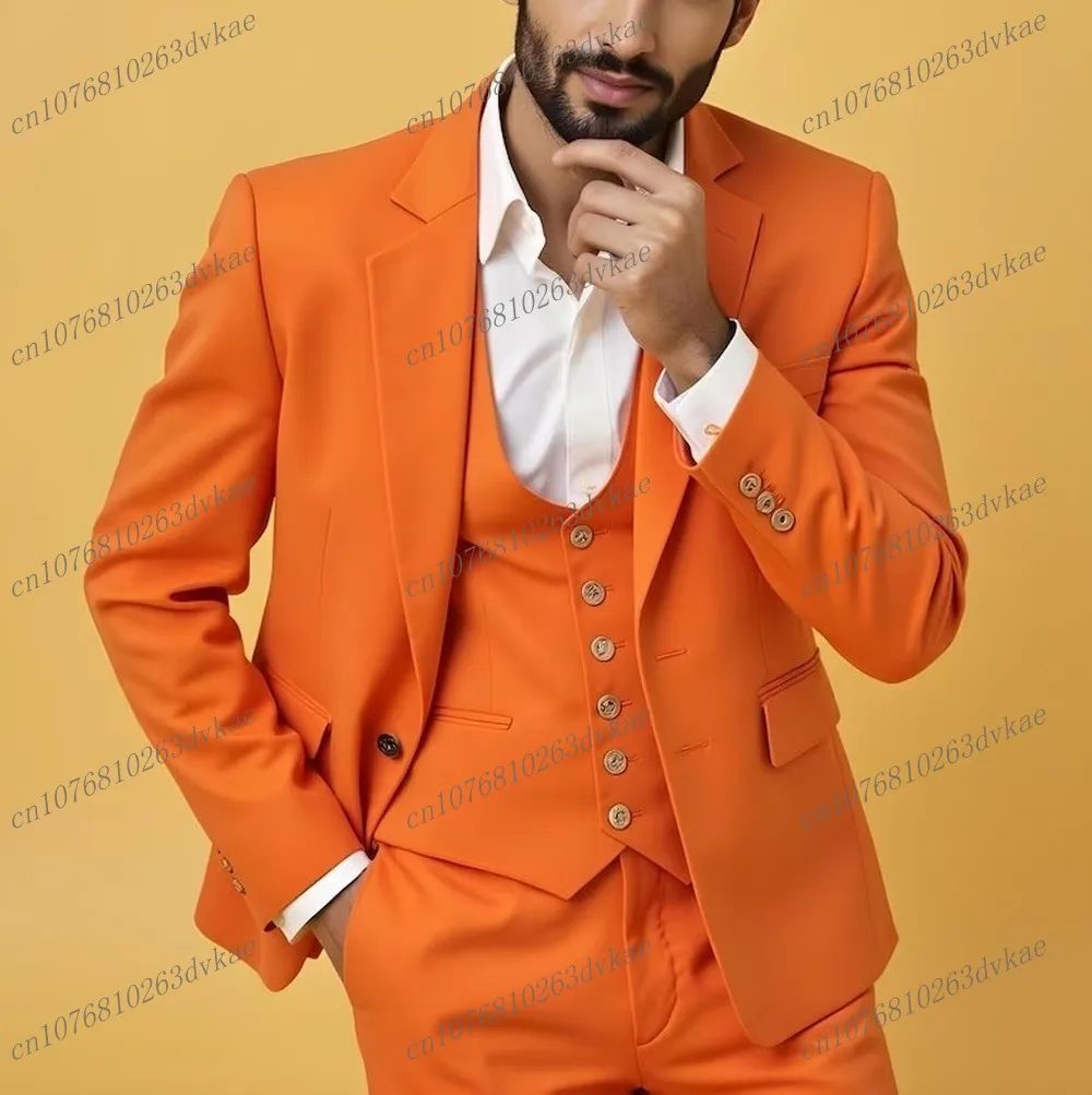 

Новый деловой оранжевый мужской костюм для жениха, жениха, свадебной вечеринки, выпускного вечера, мужские смокинги, комплект из 3 предметов, пиджак, жилет, брюки