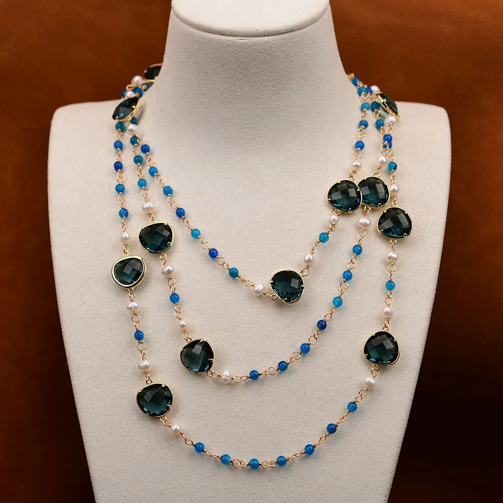 

G-G 54 дюйма натуральный пресноводный культивированный белый жемчуг синий кристалл цепочка для свитера агатовое ожерелье милый стиль для женщин