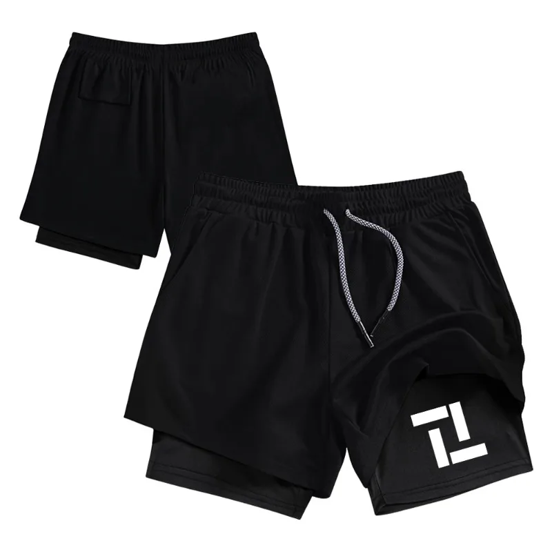 Sommer-Laufshorts für Herren mit Doppelschicht, Schnelltrocknend, Casual Sportshorts mit Minimalistischem Geometrischem Muster und Kompressions-Innenhose