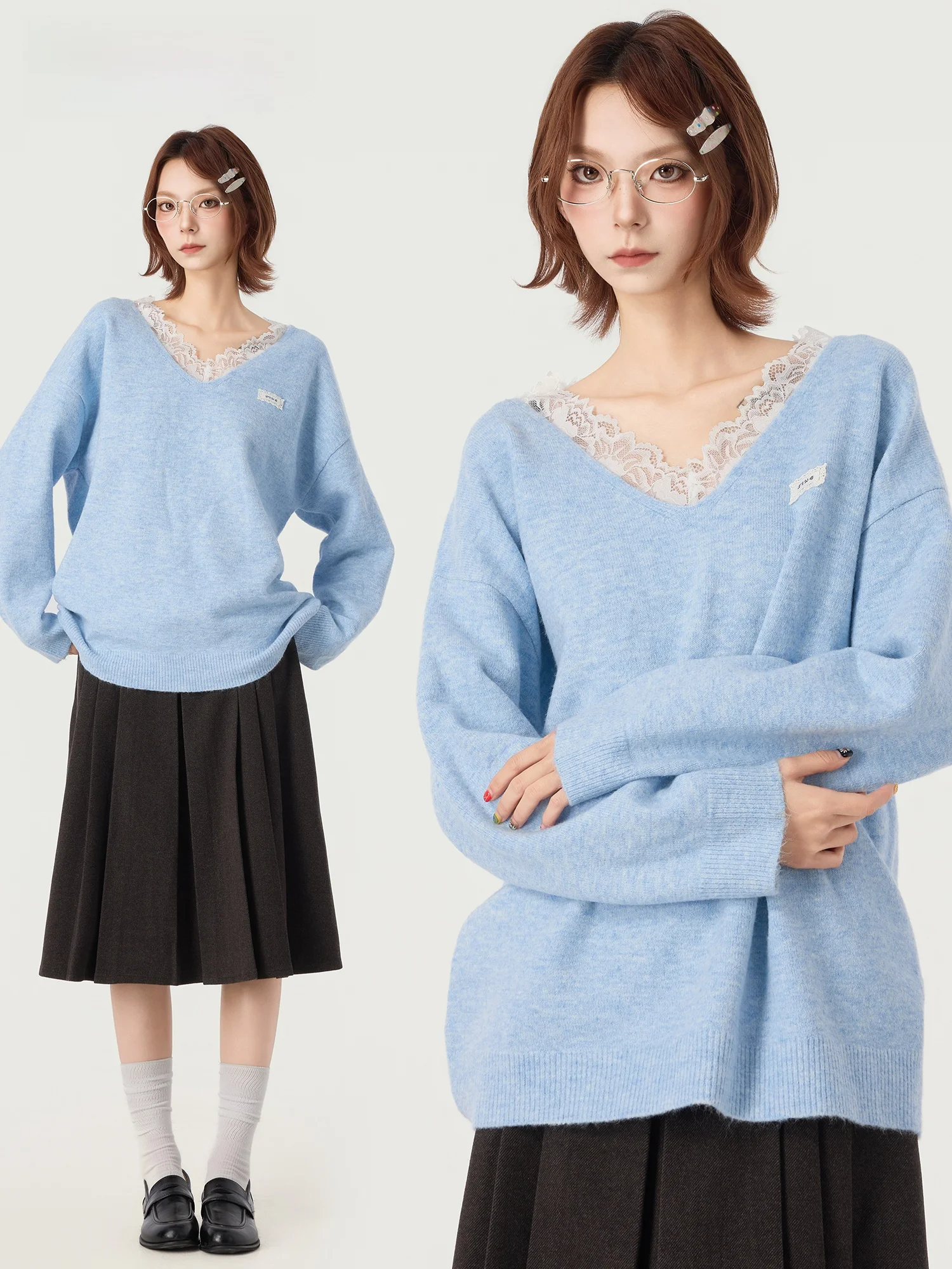 

Didimax Winter New Blue V-ne Sweater Lace Trim Splicing Loose Ele Soft Knittedwear W26023 Women's Faion Premium