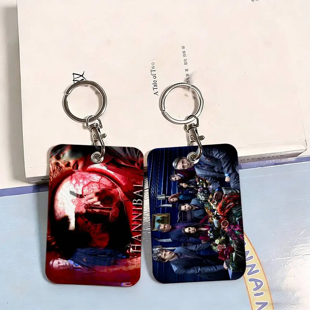 American TV Series H-Hannibal Rectangle ID Card Case Keychain Access Card Bag Key Tag Ring Leather Card Holder Key Ring Access