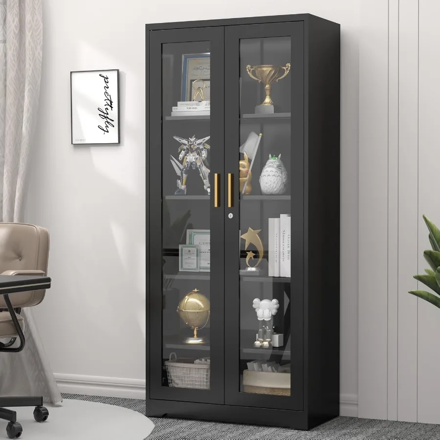71 Glass Display Cabinet with Lock for Living Room, Tempered Glass, Black, Secure Storage and Elegant Showcase Design