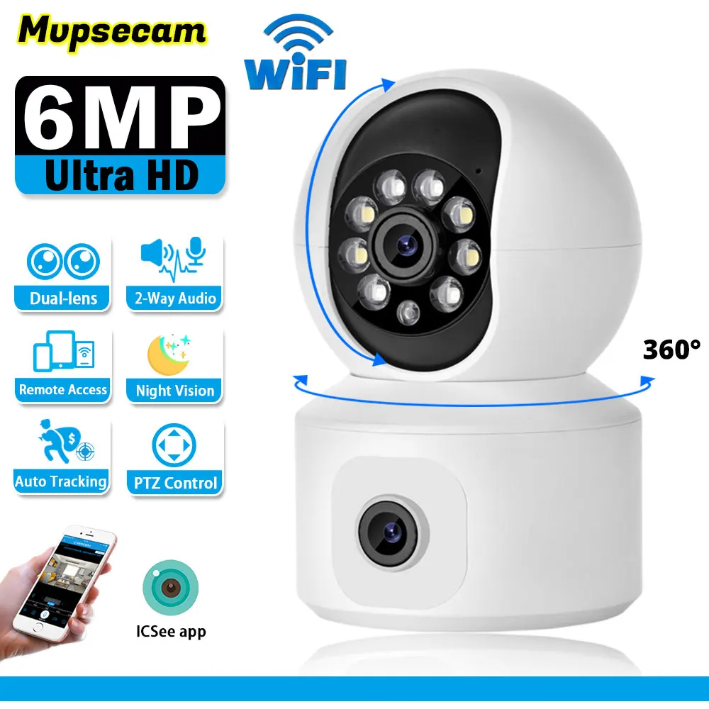 

ICSEE 6MP WiFi Camera with Dual Screen Baby Monitor Night Vision Indoor Mini PTZ Security IP Camera CCTV Surveillance Cameras