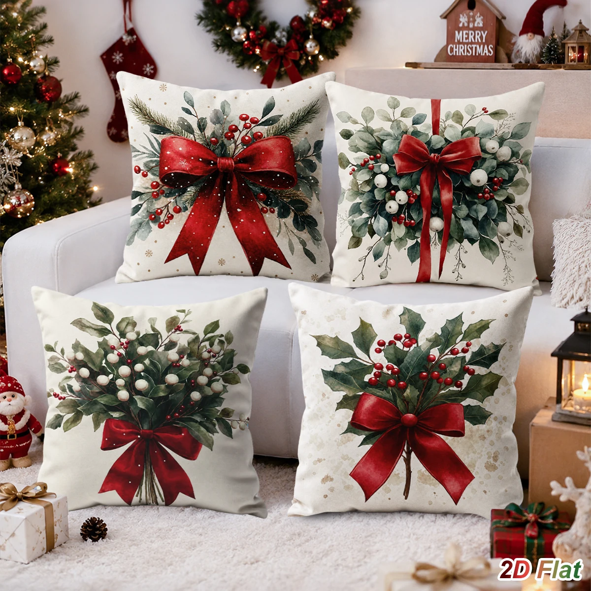 4pcs Christmas Pillow Covers Red Berries Bows Cushion Covers Merry Christmas Decorations for Home 2026 Sofa Living Room Supplies