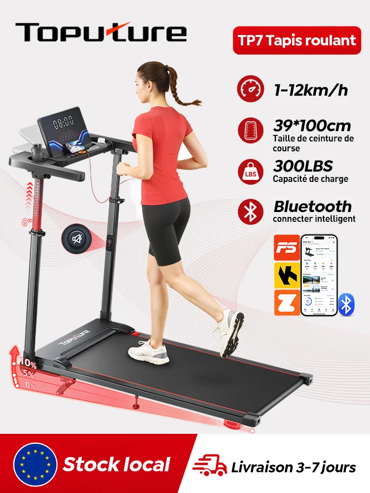 Tapis roulant Toputure TP7 avec inclinaison de 10 %, capacité de 300 lb, pour la maison, avec accoudoirs réglables en hauteur, écran LCD pour affichage des données numériques, machine d'exercice 6 en 1 p