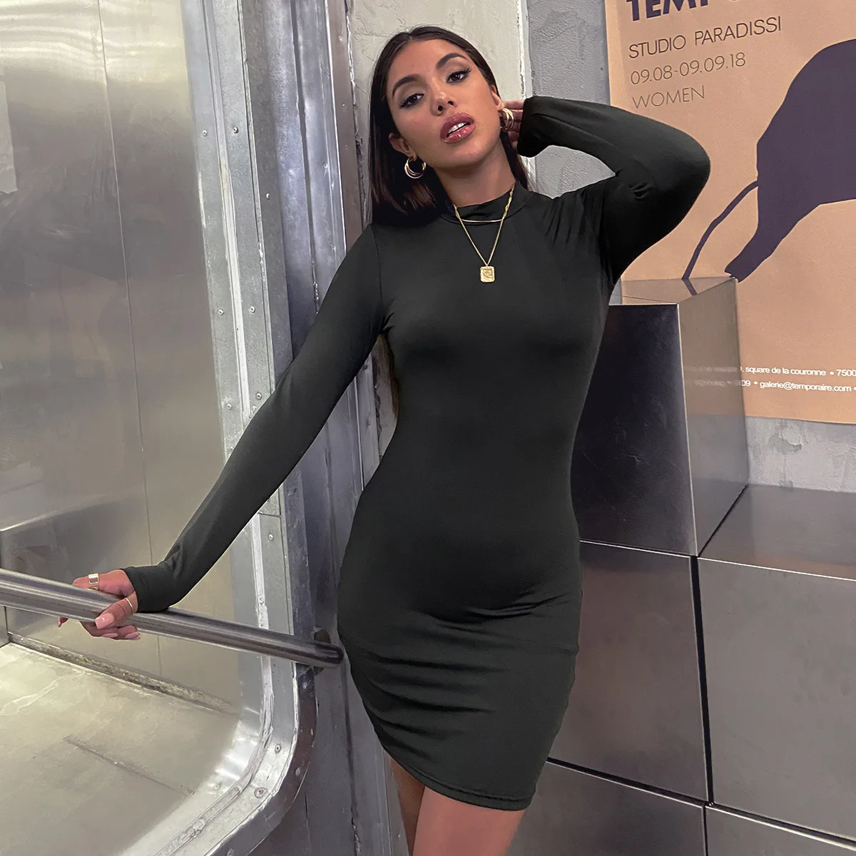 Long Sleeve Slim Bodycon Mini Dress Women Turtleneck Pleated Party Ruched Short Evening Club Outfit Soild Color