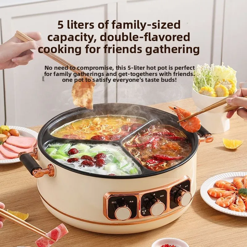 Large‑Capacity 3‑Compartment Electric Hot Pot, Multifunctional Household Cooking Appliance