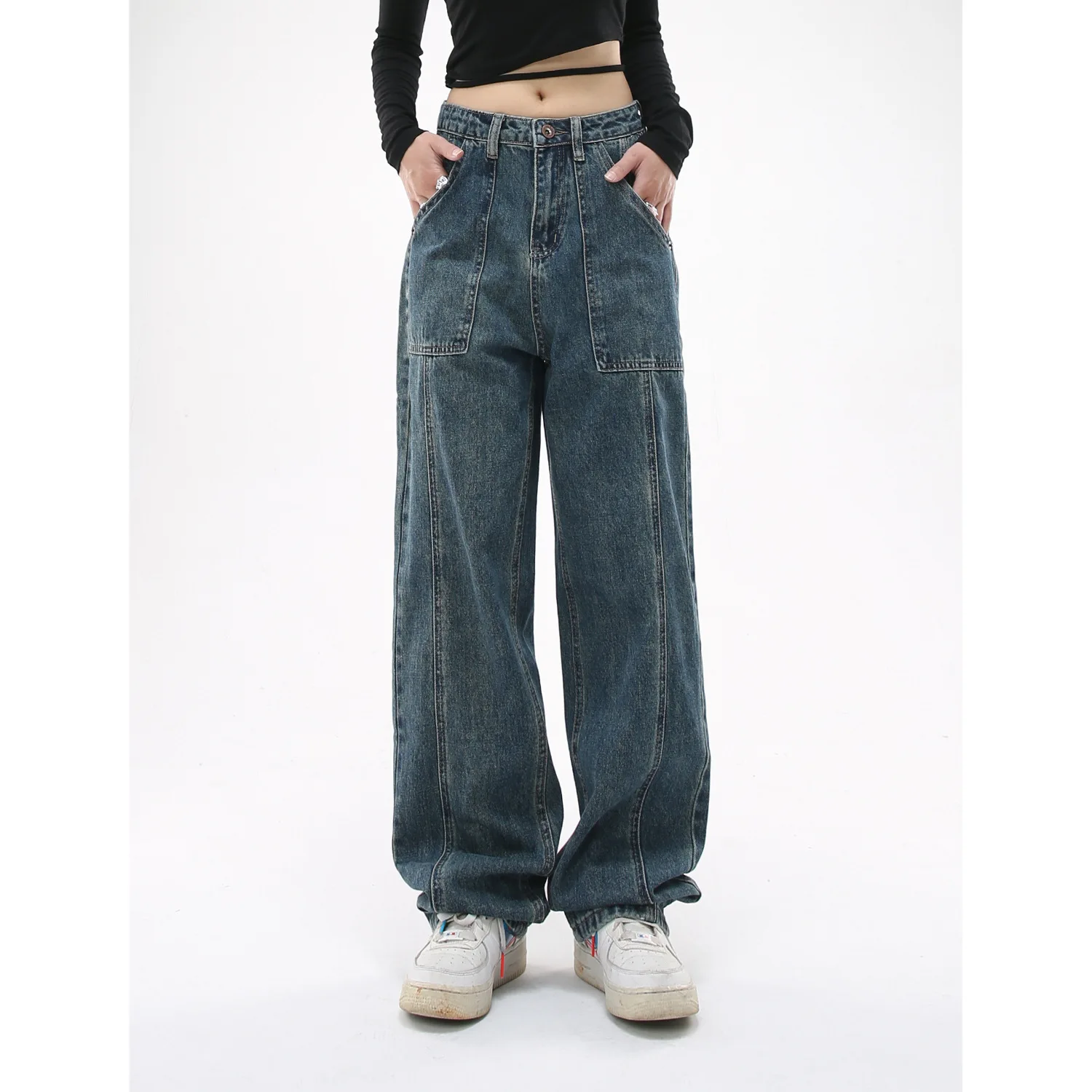 

Fashion Vintage Straight Jeans Women's High Waist Loose Wide Leg High Street Mop Baggy Denim Pants Streetwear