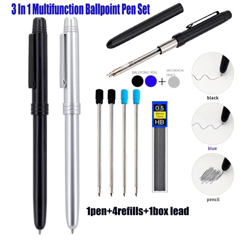 

6pcs/set 3 In 1 Multifunction Ballpoint Pen Set- Black/Blue Refill and 0.5mm Mechanical Pencil Lead, for School Writing Supplies