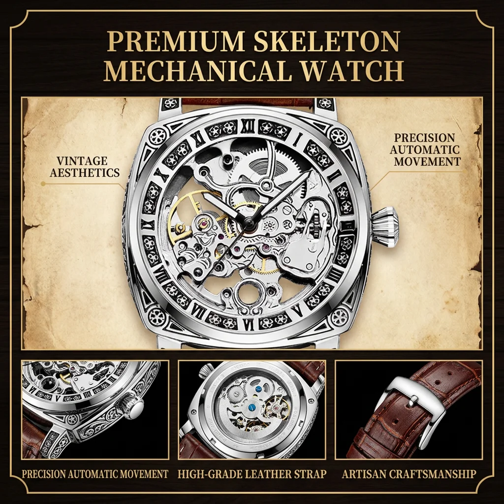 1pcs Men's Silver Dial Leather Strap Vintage Fashion Skeleton Gear Luxury Details Mechanical Watch for Daily Business Party Holi