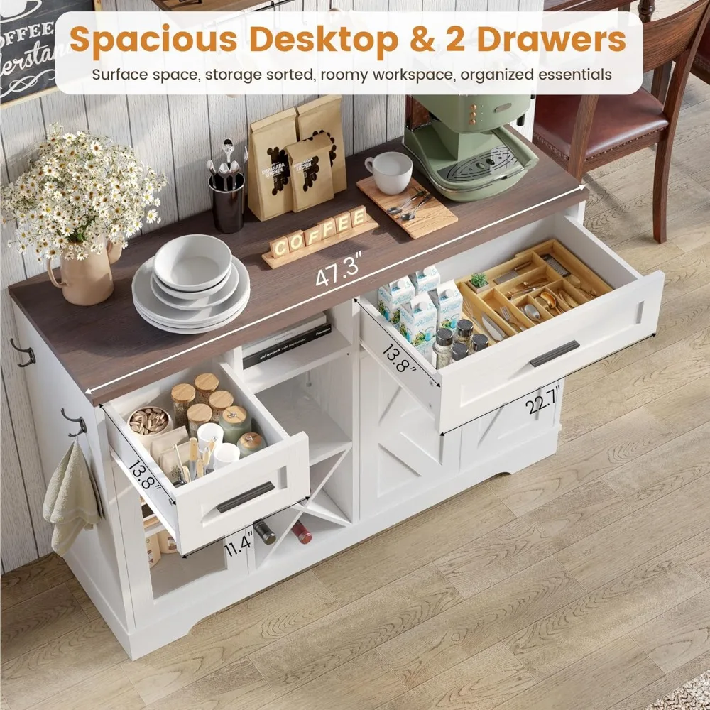 ตู้บาร์ไวน์, ตู้บาร์กาแฟพร้อมลิ้นชัก, ตู้ไซด์บอร์ดสไตล์บ้านไร่แบบเรียบง่าย, ตู้เก็บเหล้าพร้อมชั้นวางไวน์และที่แขวนแก้ว