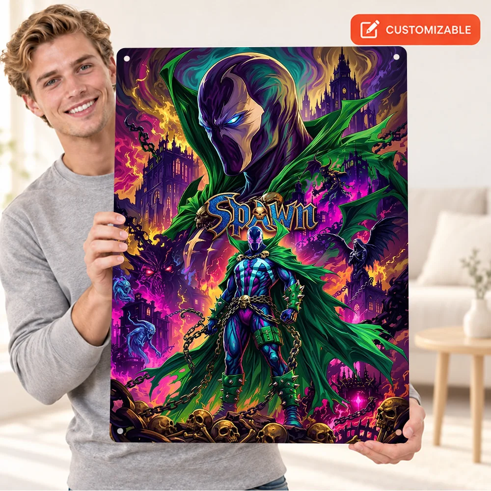 Spawn Textured Metal Poster Customized Aluminum Sign Colorful Comic Illustration Wall Art For Reading Corner Superhero Fan Gift