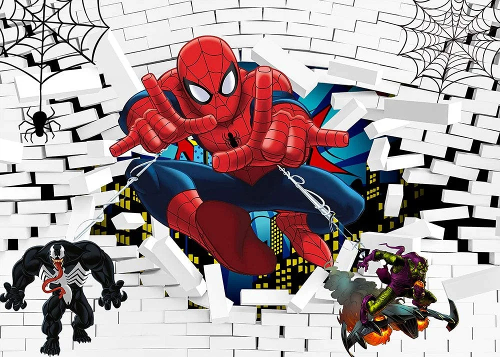 Spiderman Photography Backdrop Super City Spiderman White Brick Wall Photo Background for Superhero Spiderman Kid Birthday Party