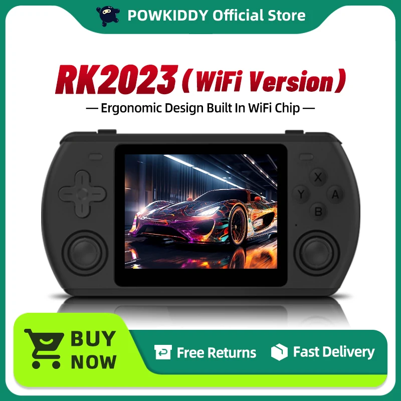Powkiddy WIFI 버전 퓨어 블랙 레트로 휴대용 비디오 게임 콘솔, 3.5 인치 4:3 IPS 화면, RK3566 칩, 어린이 선물, RK2023