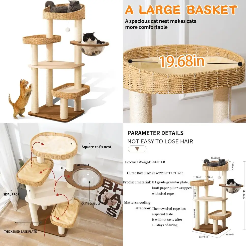 

Indoor Cat Tree Tower: Large House Condo with Modern Hand-Woven Sisal Scratching Post and Cute Furniture