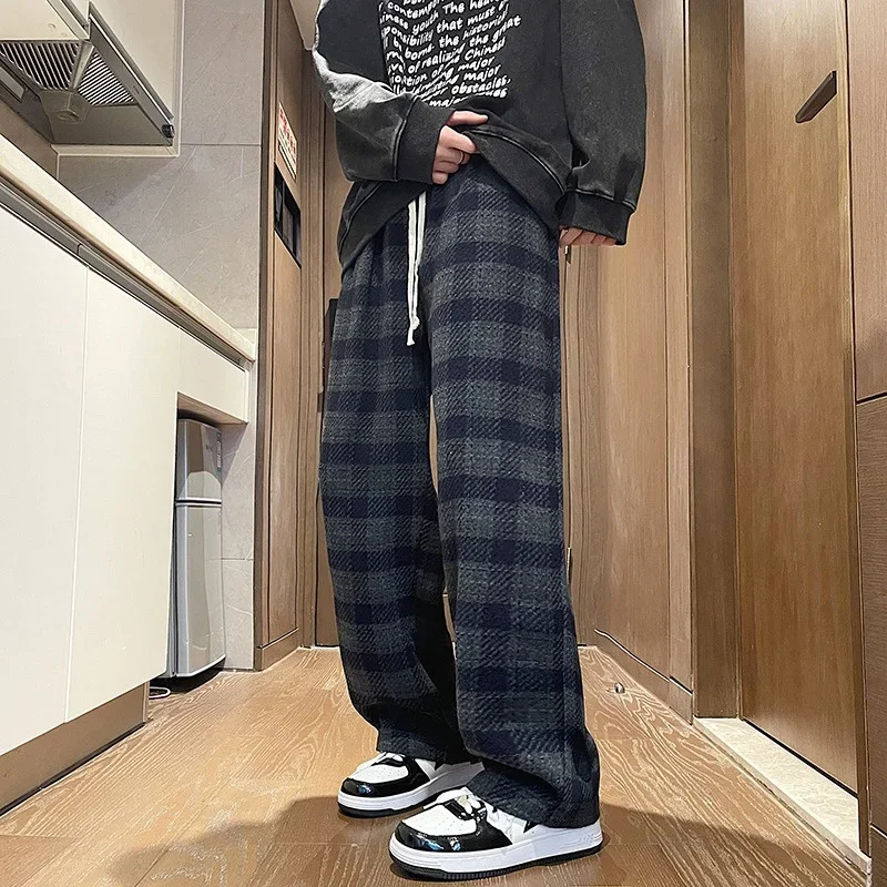 New Y2K Vintage Plaid Baggy Pants Men's High Street Woolen Straight-leg Trousers Autumn Korean Fashion Hip Hop pantalones hombre